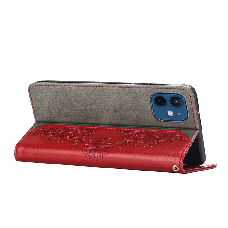 For iPhone 12 6.1 inch/12 Pro 6.1 inch Butterfly Flower Imprinted Leather Phone Cover Wallet Stand Folio Flip Case - Red