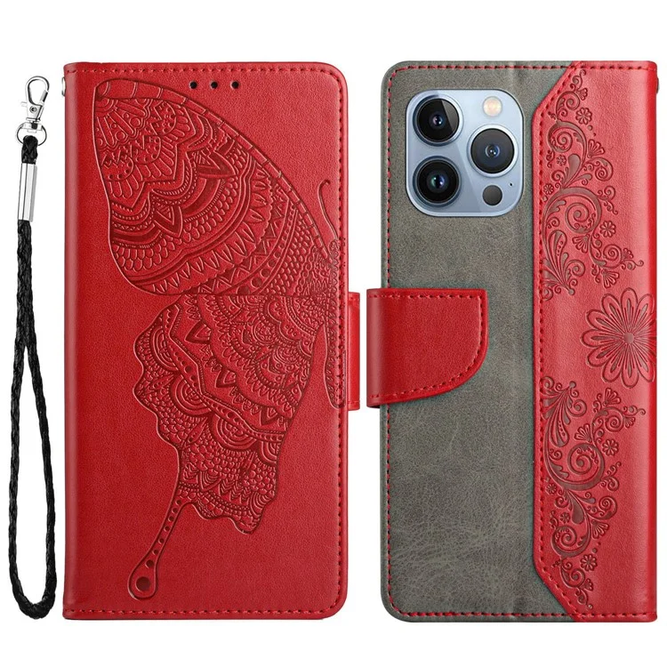 Pour Iphone 12 Pro Max 6,7 Pouces Téléphone Cuir de Chair de Papillon Butterfly Fleur de Porte-support de Porte-support - Rouge