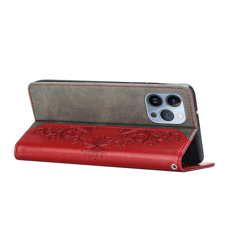 Pour Iphone 12 Pro Max 6,7 Pouces Téléphone Cuir de Chair de Papillon Butterfly Fleur de Porte-support de Porte-support - Rouge