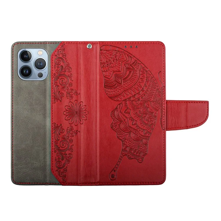 Pour Iphone 12 Pro Max 6,7 Pouces Téléphone Cuir de Chair de Papillon Butterfly Fleur de Porte-support de Porte-support - Rouge