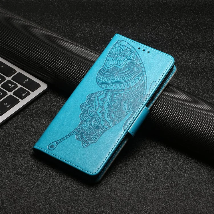 For iPhone 12 Pro Max 6.7 inch Phone Leather Case Butterfly Flower Imprinted Wallet Stand Protective Cover - Blue