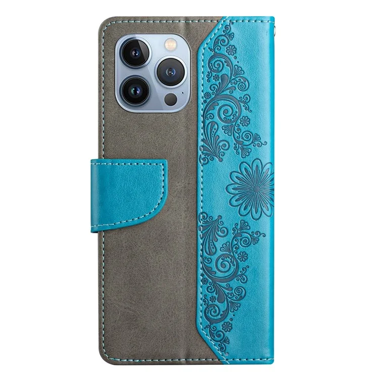 Für iPhone 12 Pro Max 6.7 Zoll Handy Lederhülle Schmetterling Blume Geprägte Brieftasche Ständer Schutzhülle - Blau