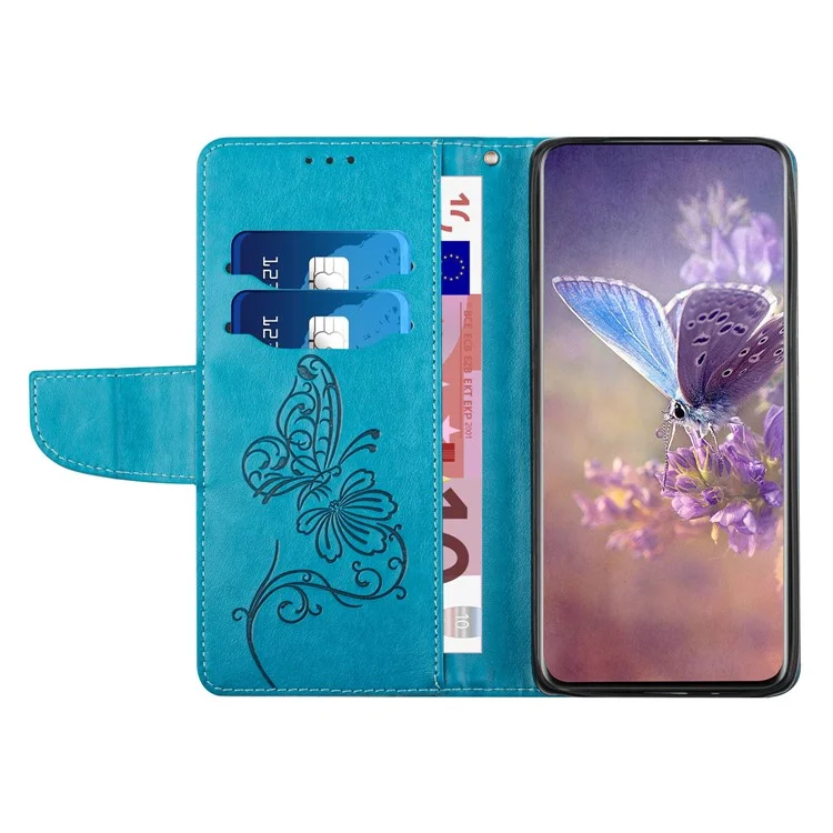 Für iPhone 12 Pro Max 6.7 Zoll Handy Lederhülle Schmetterling Blume Geprägte Brieftasche Ständer Schutzhülle - Blau