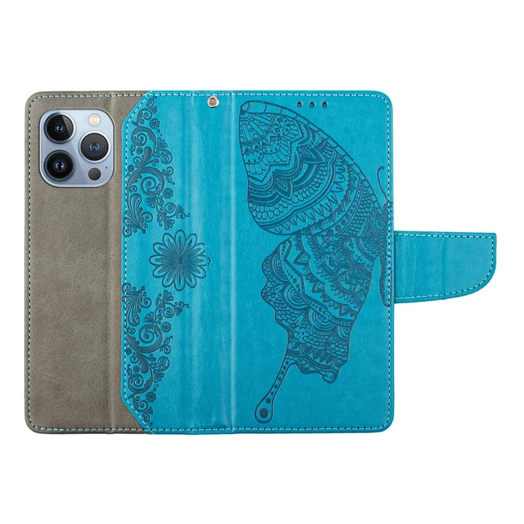Für iPhone 12 Pro Max 6.7 Zoll Handy Lederhülle Schmetterling Blume Geprägte Brieftasche Ständer Schutzhülle - Blau