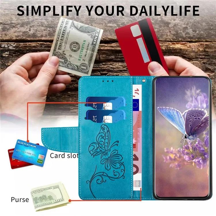 Für iPhone 12 Pro Max 6.7 Zoll Handy Lederhülle Schmetterling Blume Geprägte Brieftasche Ständer Schutzhülle - Blau