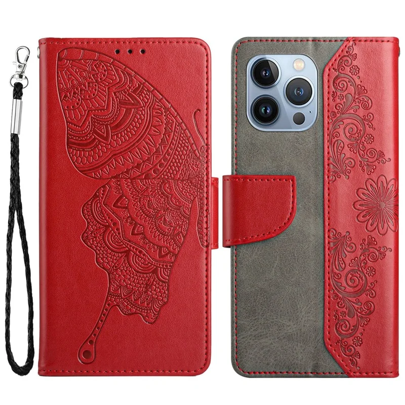 Imprinting Butterfly Flower Case for iPhone 13 Pro Max 6.7 inch, PU Leather Wallet Stand Phone Cover - Red