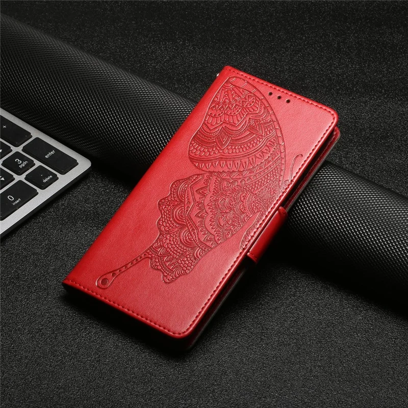 Imprinting Butterfly Flower Case for iPhone 13 Pro Max 6.7 inch, PU Leather Wallet Stand Phone Cover - Red