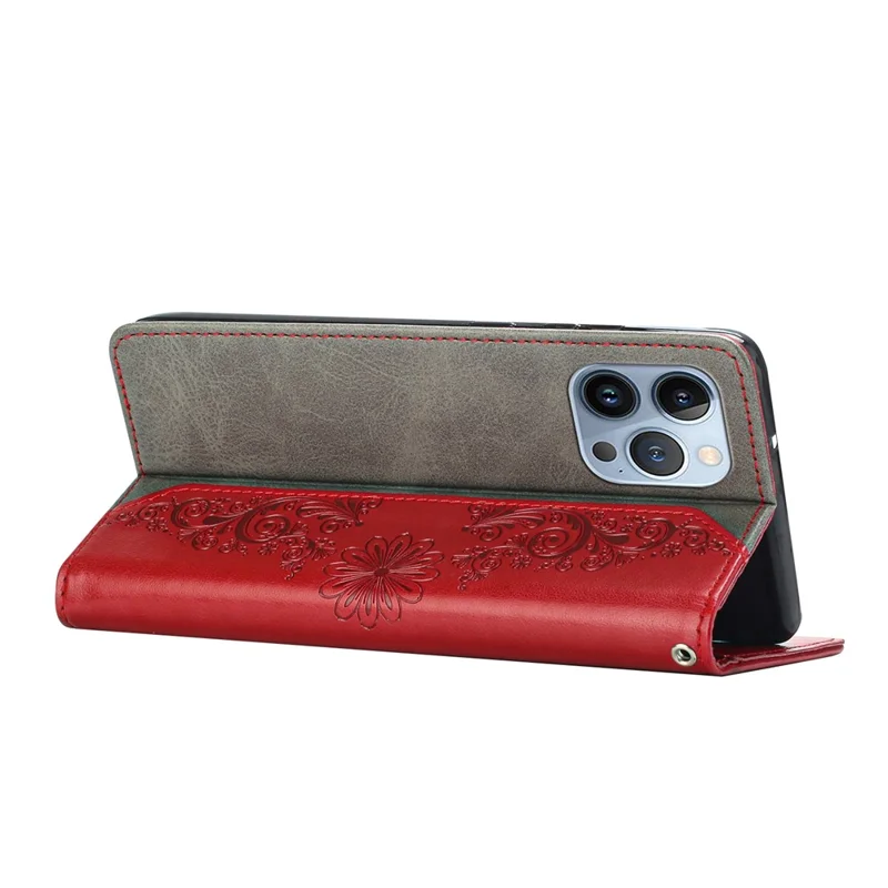 Imprinting Butterfly Flower Case for iPhone 13 Pro Max 6.7 inch, PU Leather Wallet Stand Phone Cover - Red