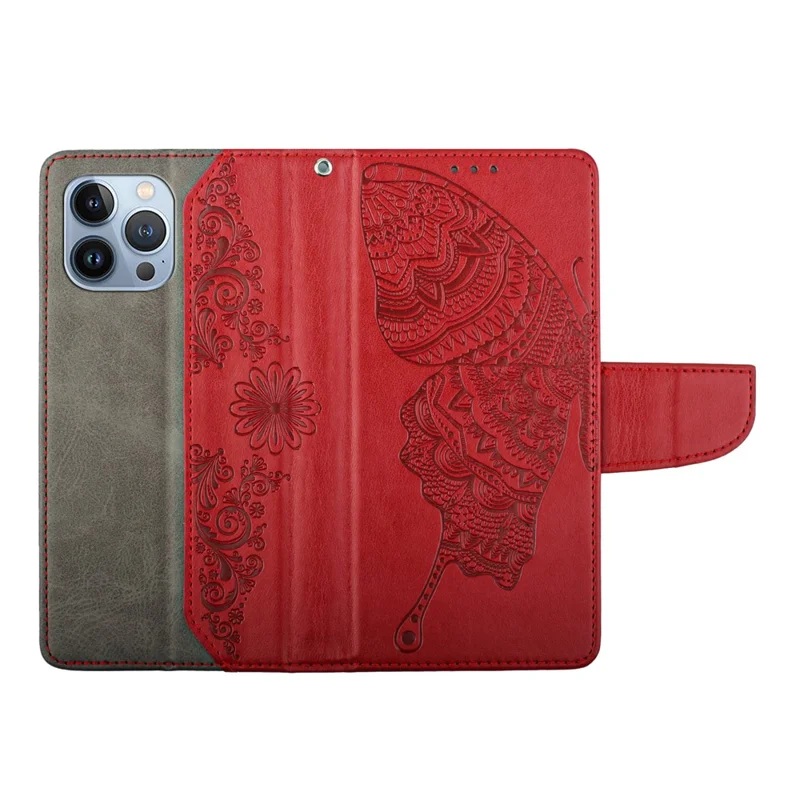 Imprinting Butterfly Flower Case for iPhone 13 Pro Max 6.7 inch, PU Leather Wallet Stand Phone Cover - Red