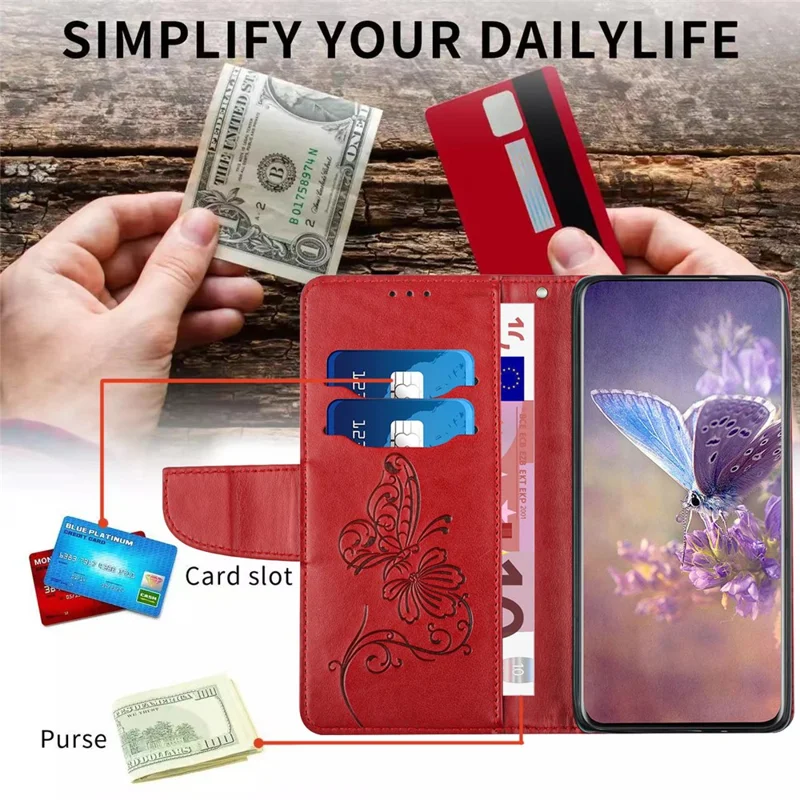 Imprinting Butterfly Flower Case for iPhone 13 Pro Max 6.7 inch, PU Leather Wallet Stand Phone Cover - Red