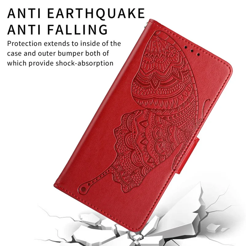 Imprinting Butterfly Flower Case for iPhone 13 Pro Max 6.7 inch, PU Leather Wallet Stand Phone Cover - Red