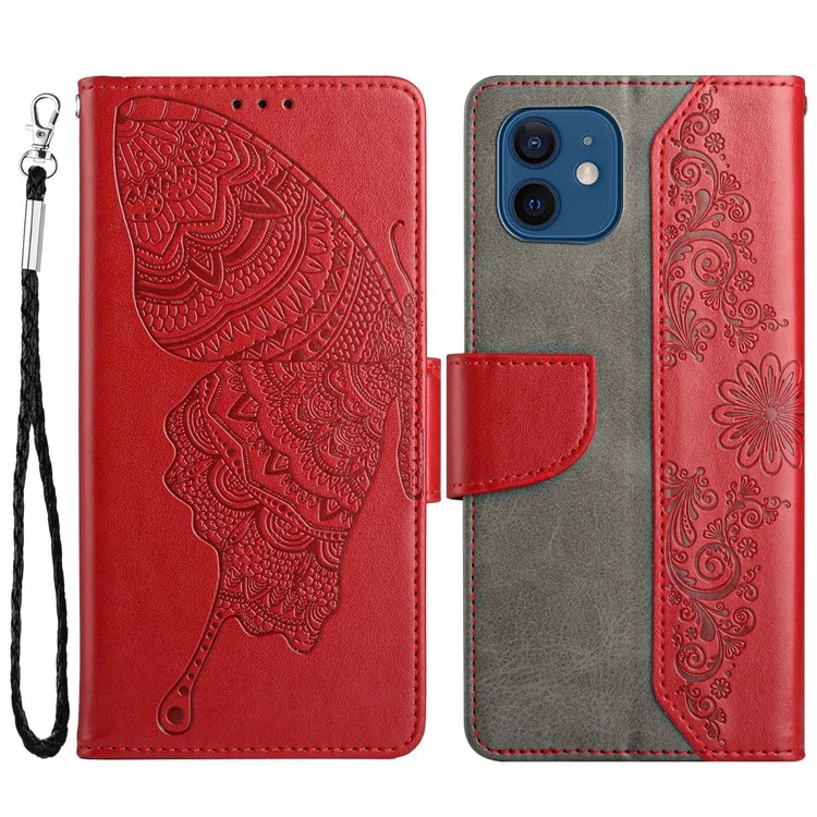 Copertina Per Telefono Fiore a Farfalla Imprinting Per Iphone 12 Mini 5,4 Pollici, PU Peth + TPU Wallet Stand Case - Rosso