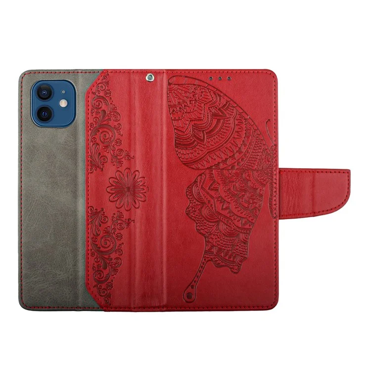 Copertina Per Telefono Fiore a Farfalla Imprinting Per Iphone 12 Mini 5,4 Pollici, PU Peth + TPU Wallet Stand Case - Rosso