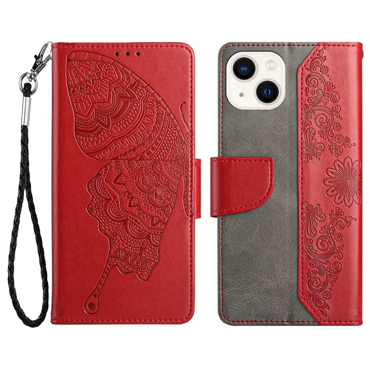 Brieftasche Telefon Fall Für IPhone 13 Mini 5,4 Zoll Kratzfest PU Leder Cover Schmetterlingsblume Imprited Phone Protector Mit Stand - Rot
