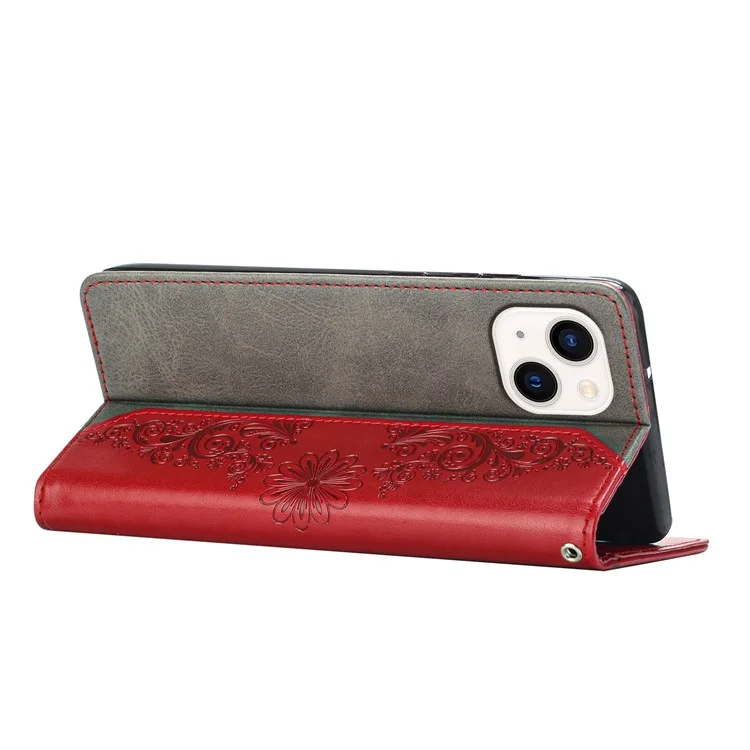 Brieftasche Telefon Fall Für IPhone 13 Mini 5,4 Zoll Kratzfest PU Leder Cover Schmetterlingsblume Imprited Phone Protector Mit Stand - Rot
