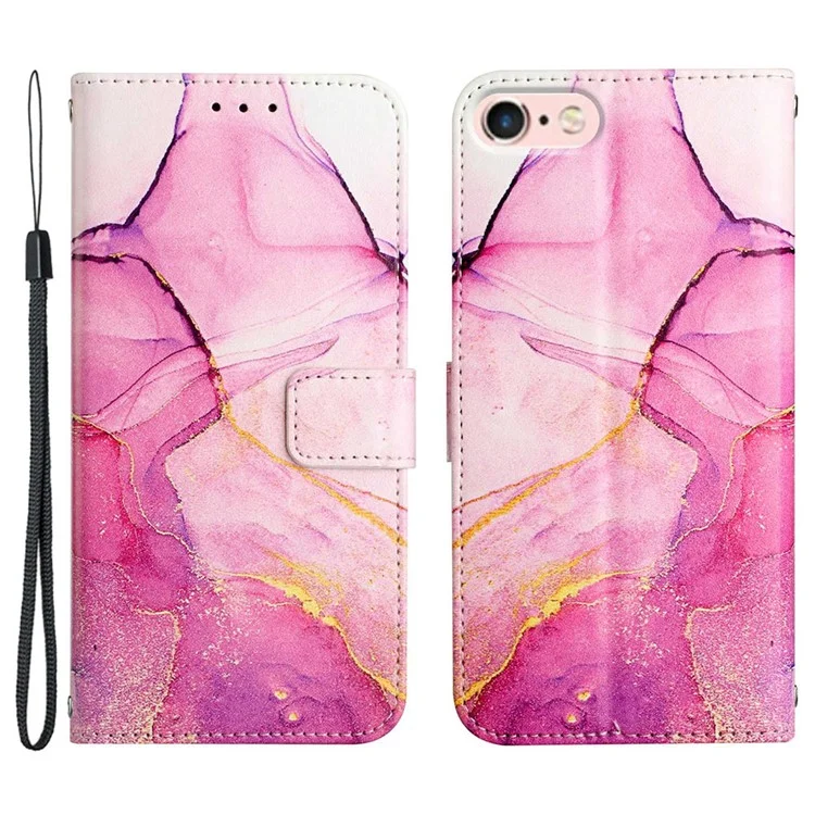 YB Pattern Printing Series-5 for iPhone SE (2022)/SE (2020)/8/7 4.7 inch Marble Pattern Wallet Cover PU Leather Stand Function Protective Phone Case with Strap - Pink Purple Gold LS001