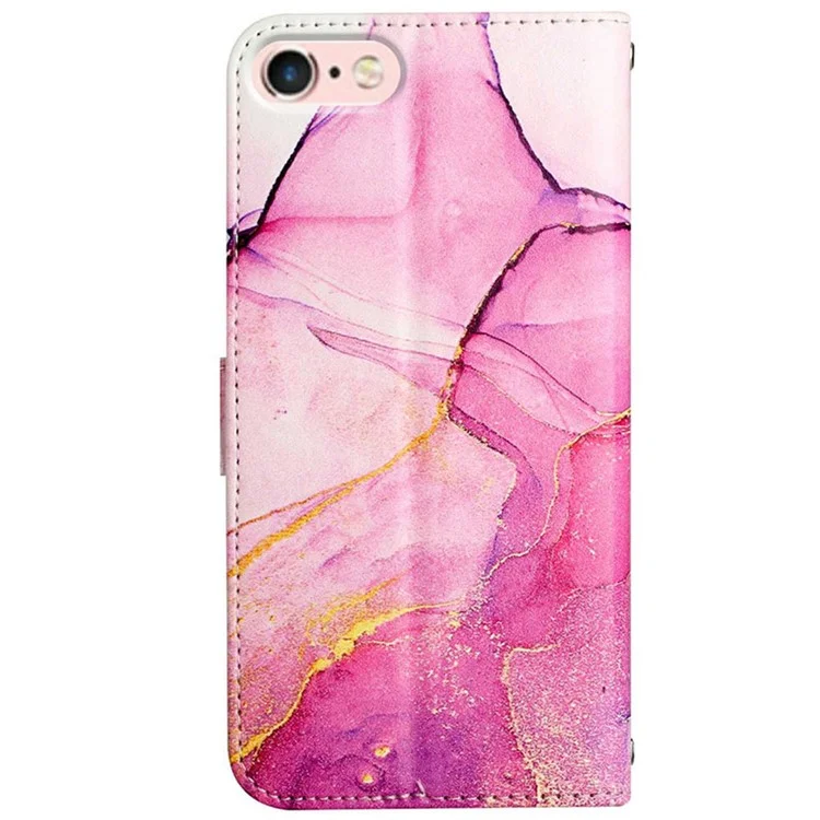 YB Pattern Printing Series-5 for iPhone SE (2022)/SE (2020)/8/7 4.7 inch Marble Pattern Wallet Cover PU Leather Stand Function Protective Phone Case with Strap - Pink Purple Gold LS001