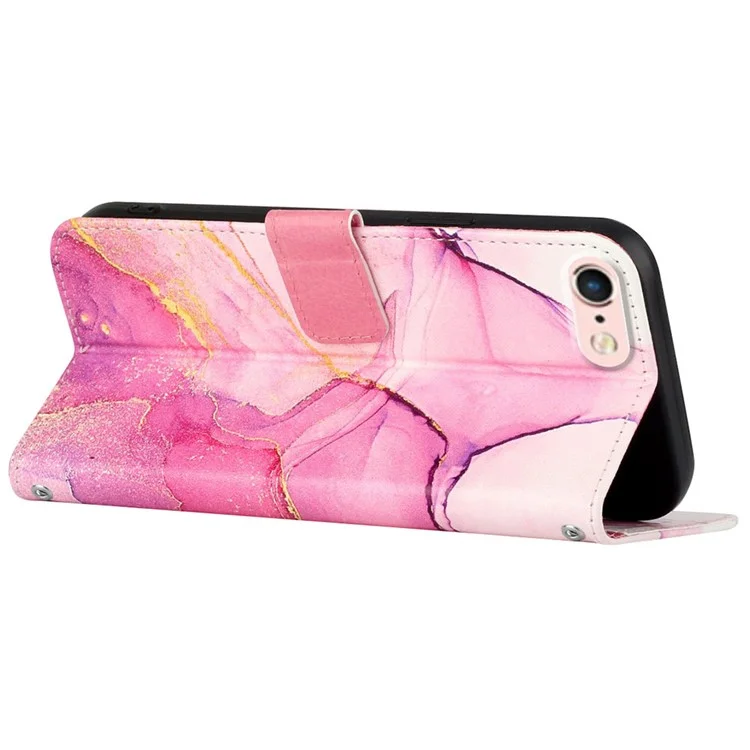 YB Pattern Printing Series-5 for iPhone SE (2022)/SE (2020)/8/7 4.7 inch Marble Pattern Wallet Cover PU Leather Stand Function Protective Phone Case with Strap - Pink Purple Gold LS001