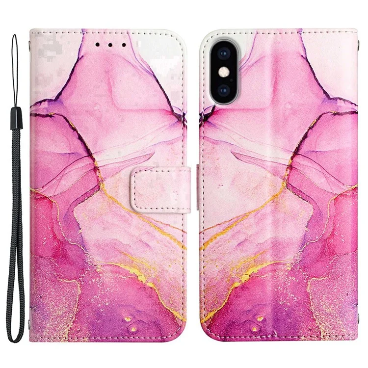 YB Padrão Impressão de Couro Série 5 Para Iphone X/XS 5,8 Polegadas Padrão de Mármore PU Capela Capelo Com Stand Callet - Pink Gold Purple LS001