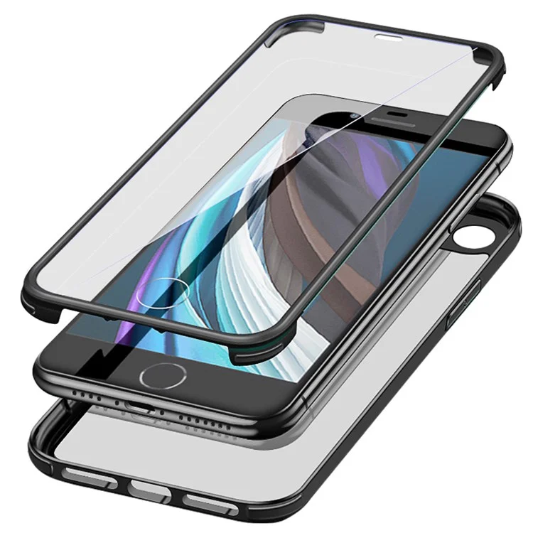 For iPhone 7/8 4.7 inch/SE (2020)/SE (2022) Dual-sided Glass+Silicone+TPU Well-protected Clear Cell Phone Case - Black