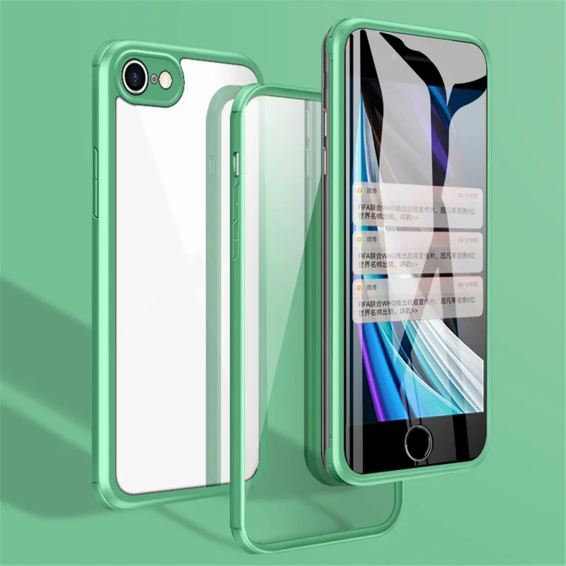 Para IPhone 7/8 4.7 Pulgadas / SE (2020) / SE (2022) Vidrio De Doble Cara + Silicona + TPU Caja De Teléfono Celular Transparente Bien Protegida - Verde Claro