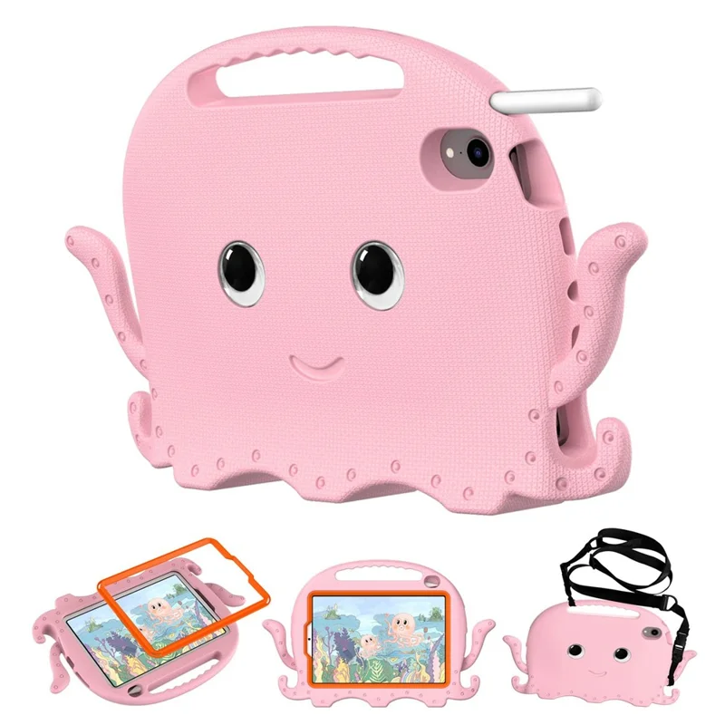 For iPad mini (2024) / mini (2021) Cute Octopus Shape EVA Case Pen Slot Design Shockproof Tablet Cover with Handle and Shoulder Strap - Pink
