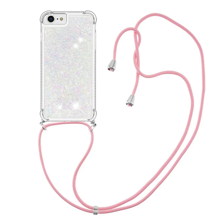 Pour iPhone SE (2022)/SE (2020)/6/7/8 YB Quicksand Series-4 Drop Resistant Glitter Quicksand Liquid TPU Cover Phone Shell with Adjustable Lanyard - Laser/Hearts