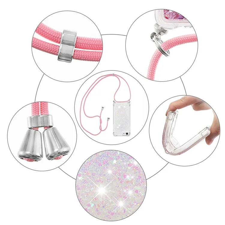 Pour iPhone SE (2022)/SE (2020)/6/7/8 YB Quicksand Series-4 Drop Resistant Glitter Quicksand Liquid TPU Cover Phone Shell with Adjustable Lanyard - Laser/Hearts