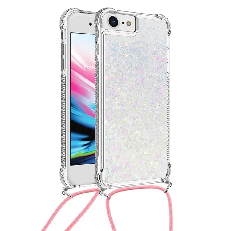 Pour iPhone SE (2022)/SE (2020)/6/7/8 YB Quicksand Series-4 Drop Resistant Glitter Quicksand Liquid TPU Cover Phone Shell with Adjustable Lanyard - Laser/Hearts