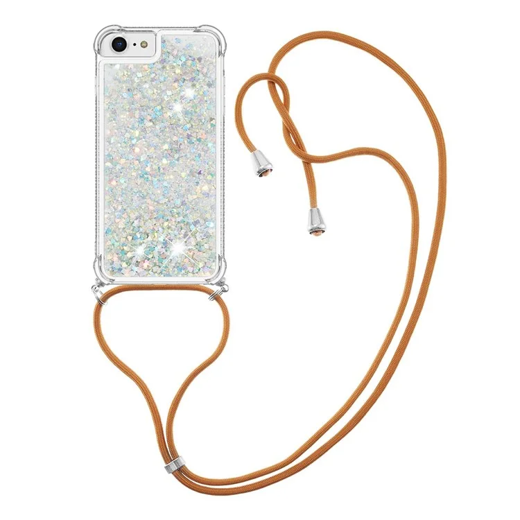 Para iPhone SE (2022)/SE (2020)/6/7/8 YB Quicksand Series-4 Cubierta de teléfono resistente a golpes con purpurina con cordón ajustable - Plata/Corazones