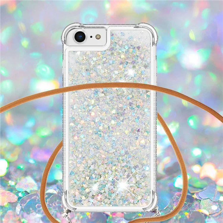 Para iPhone SE (2022)/SE (2020)/6/7/8 YB Quicksand Series-4 Cubierta de teléfono resistente a golpes con purpurina con cordón ajustable - Plata/Corazones