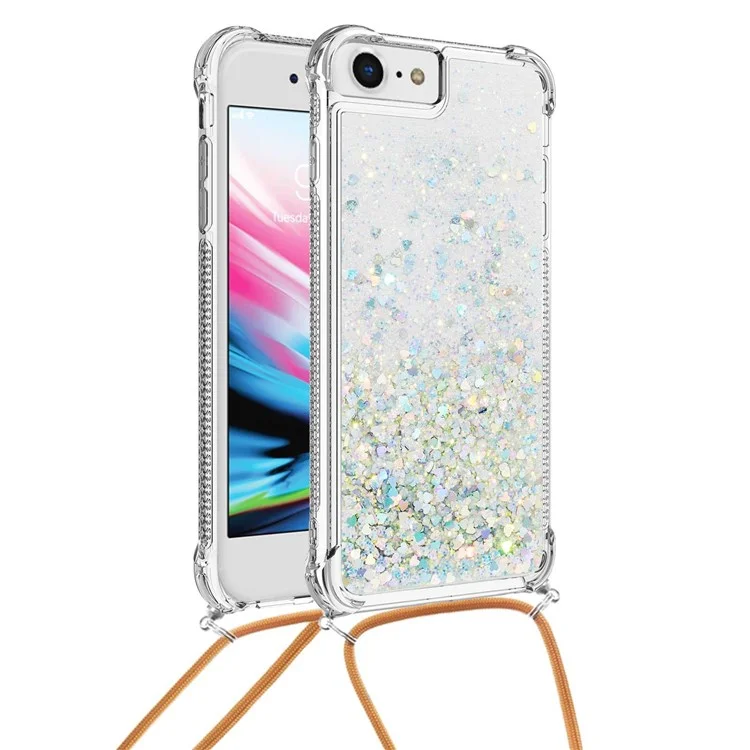 Para iPhone SE (2022)/SE (2020)/6/7/8 YB Quicksand Series-4 Cubierta de teléfono resistente a golpes con purpurina con cordón ajustable - Plata/Corazones
