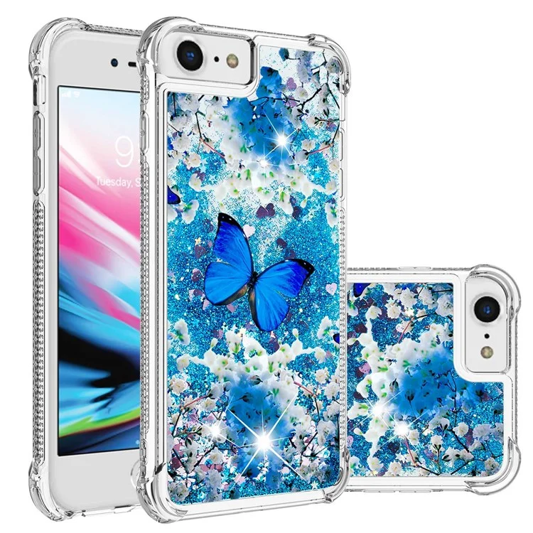 For iPhone SE (2022) / SE (2020) / 6 4.7 inch / 7 4.7 inch / 8 4.7 inch TPU Case with Quicksand and Pattern Printed - Blue Butterfly