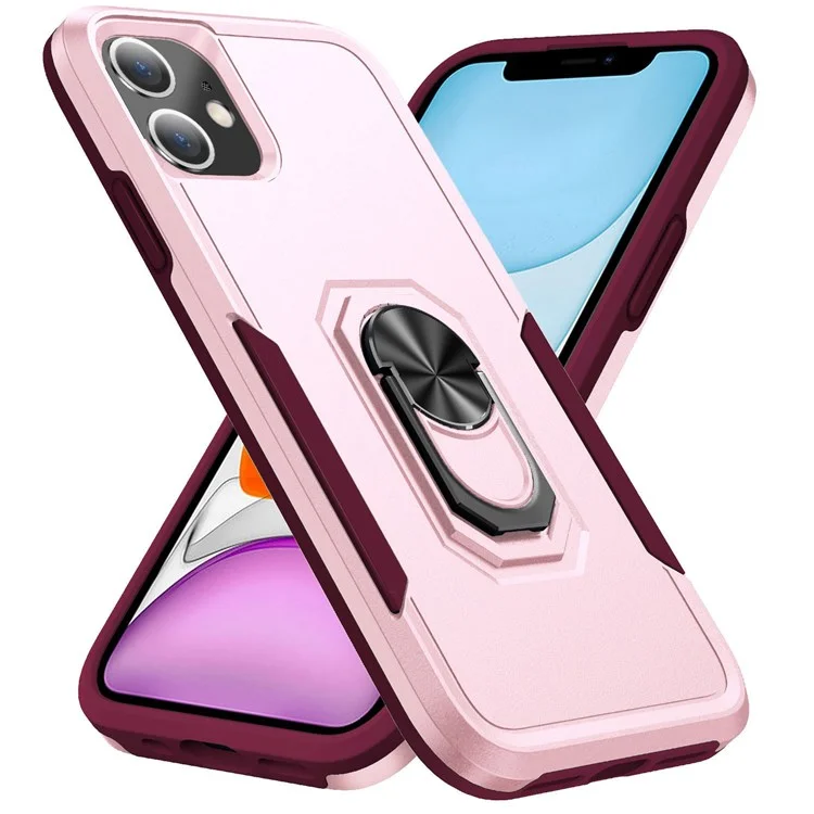 Defender Series PC + TPU Cellphone Case for iPhone 11 6.1 inch, Phone Cover with 360 Degree Rotary Ring Kickstand - Pink/Rose