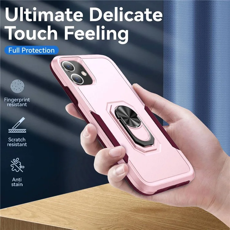 Defender Series PC + TPU Cellphone Case for iPhone 11 6.1 inch, Phone Cover with 360 Degree Rotary Ring Kickstand - Pink/Rose