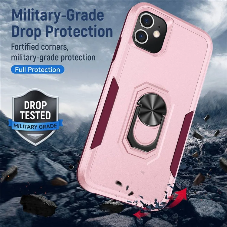 Defender Series PC + TPU Cellphone Case for iPhone 11 6.1 inch, Phone Cover with 360 Degree Rotary Ring Kickstand - Pink/Rose
