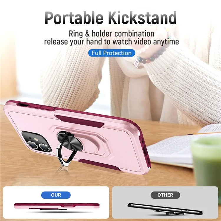 Defender Series PC + TPU Cellphone Case for iPhone 11 6.1 inch, Phone Cover with 360 Degree Rotary Ring Kickstand - Pink/Rose