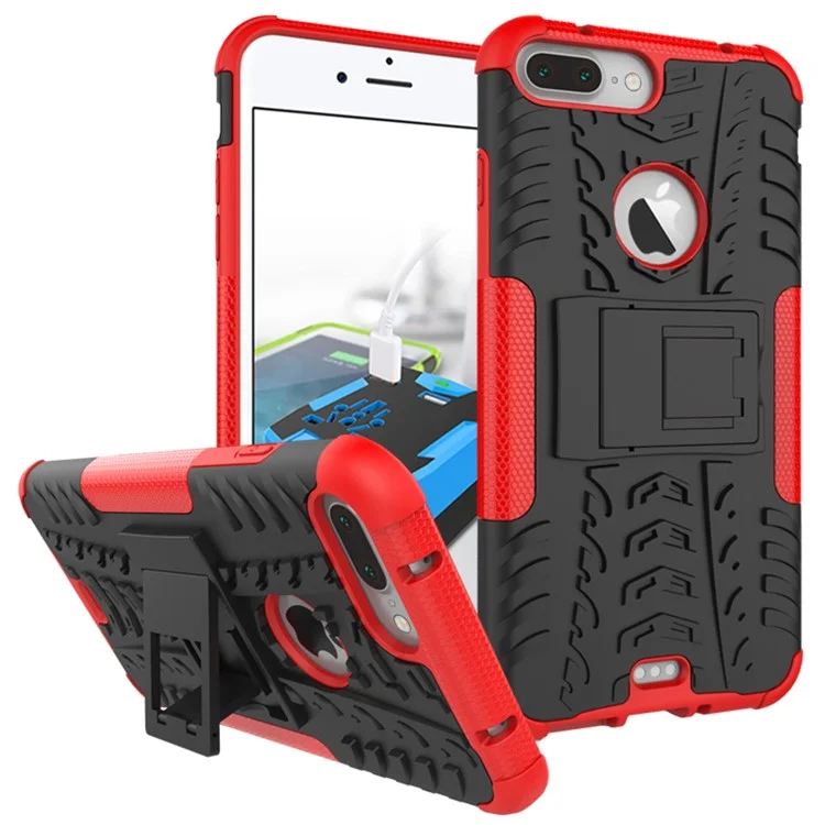 Cool Pneu Híbrido PC + TPU Capa Com Kickstand Para Iphone 8 Plus / 7 Mais 5,5 Polegadas - Vermelho