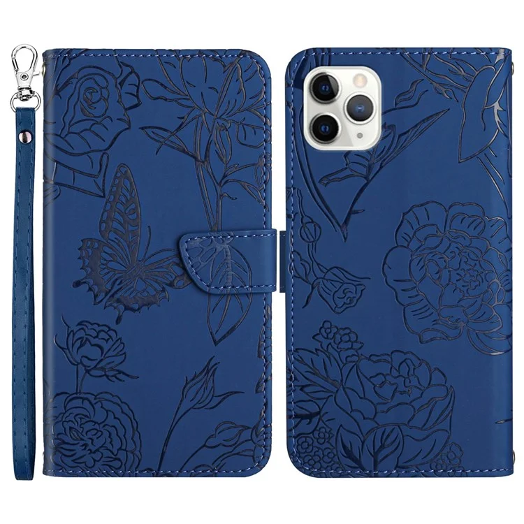 Para Iphone 11 Pro 5.8 Pulgadas Flor de Mariposa Case de Billetera Impresa Para la Piel Tope de Cuero PU Cubierta Con Correa Para la Mano - Azul