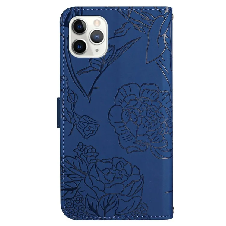 Para Iphone 11 Pro 5.8 Pulgadas Flor de Mariposa Case de Billetera Impresa Para la Piel Tope de Cuero PU Cubierta Con Correa Para la Mano - Azul