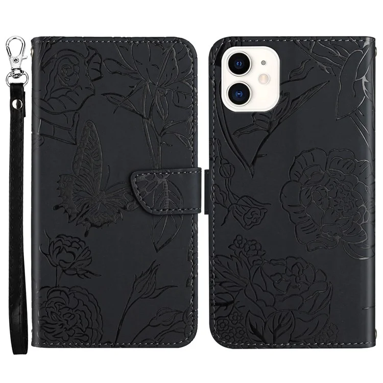 Per IPhone 12 Mini Mini 5.4 Pollici Flowerfly Flower Pattern Stampato Stand Case Amour Amortizzatore Toccare Sensazione Di PU Portafoglio In Pelle Anti-caduta Con Cinturino - Nero