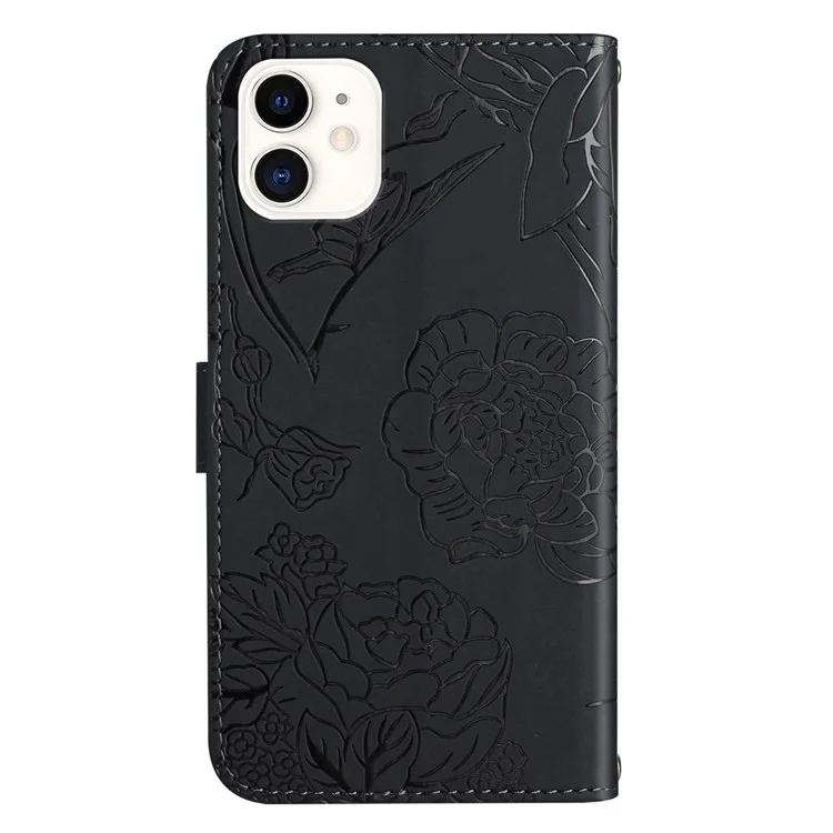 Per IPhone 12 Mini Mini 5.4 Pollici Flowerfly Flower Pattern Stampato Stand Case Amour Amortizzatore Toccare Sensazione Di PU Portafoglio In Pelle Anti-caduta Con Cinturino - Nero