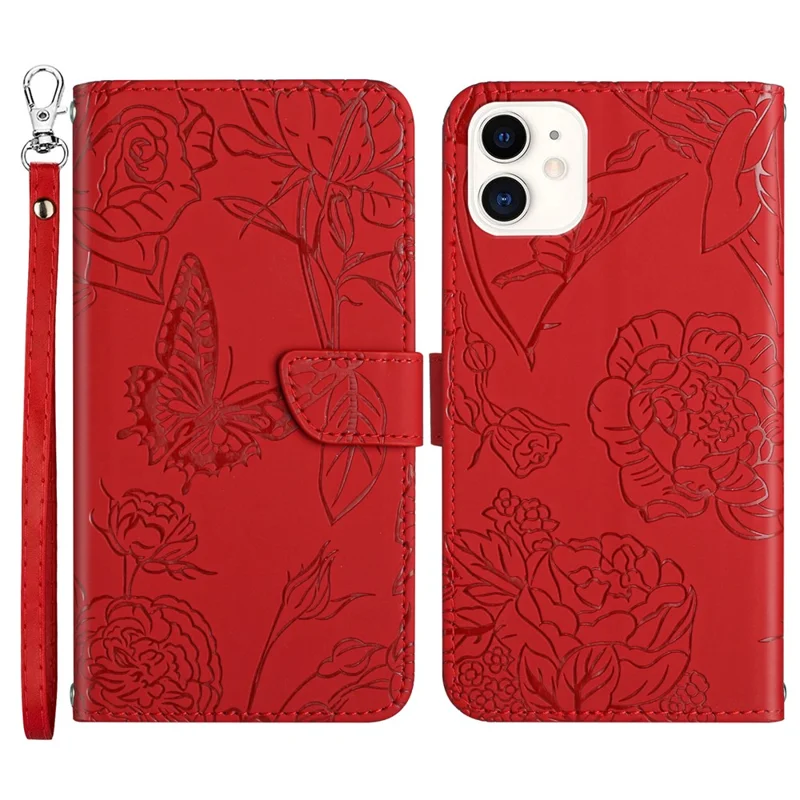 For iPhone 12 mini 5.4 inch Butterfly Flower Pattern Imprinted Stand Case Shockproof Skin-touch Feeling PU Leather Wallet Anti-fall Cover with Strap - Red