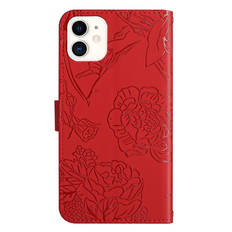For iPhone 12 mini 5.4 inch Butterfly Flower Pattern Imprinted Stand Case Shockproof Skin-touch Feeling PU Leather Wallet Anti-fall Cover with Strap - Red