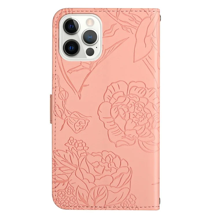 For iPhone 12 Pro Max 6.7 inch Wallet Stand Shockproof Case Skin-touch PU Leather Phone Protector Stylish Butterflies Imprinted Anti-drop Folio Flip Cover with Strap - Pink