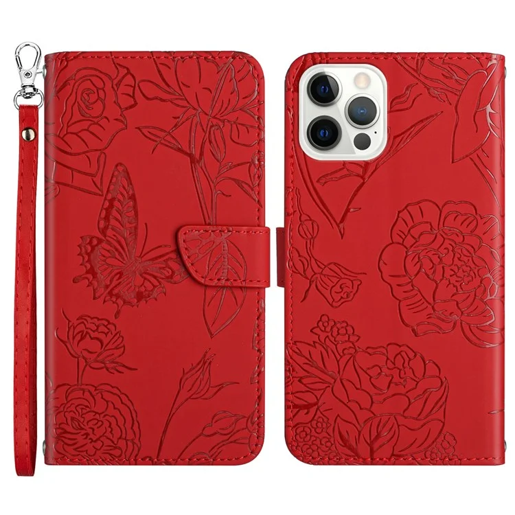 For iPhone 12/12 Pro 6.1 inch Skin-touch PU Leather Phone Case Stylish Butterflies Imprinted Anti-drop Folio Flip Cover with Wallet Stand - Red