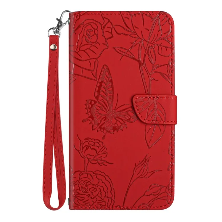 For iPhone 12/12 Pro 6.1 inch Skin-touch PU Leather Phone Case Stylish Butterflies Imprinted Anti-drop Folio Flip Cover with Wallet Stand - Red