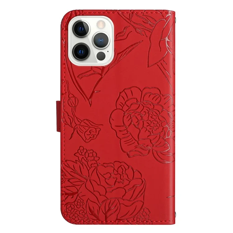 For iPhone 12/12 Pro 6.1 inch Skin-touch PU Leather Phone Case Stylish Butterflies Imprinted Anti-drop Folio Flip Cover with Wallet Stand - Red