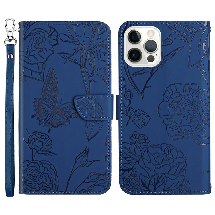 Per IPhone 13 Pro MAX 6.7 Pollici Farfalle Impronti Impronti Impronti Antiurto Caso Skin-Touch PU Portafoglio Punta Portafoglio Pellicola Protezione Del Telefono Anti-Drop Cover Folio Flip Cover Con Cinturino - Blu