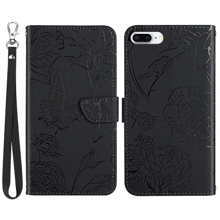 Pour Iphone 8 Plus / 7 Plus 5,5 Pouces, Touche de Peau pu Leather Téléphone Bag du Téléphone Butterfly Flower Match Imprimé Portefeuille Flip Téléphone Couvercle Avec Bracelet de Poignet - le Noir